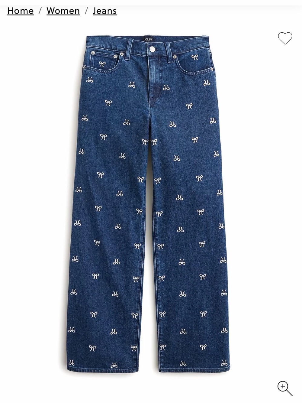 J. Crew Navy Denim Wide-Leg Jeans with White Bow Embroidery